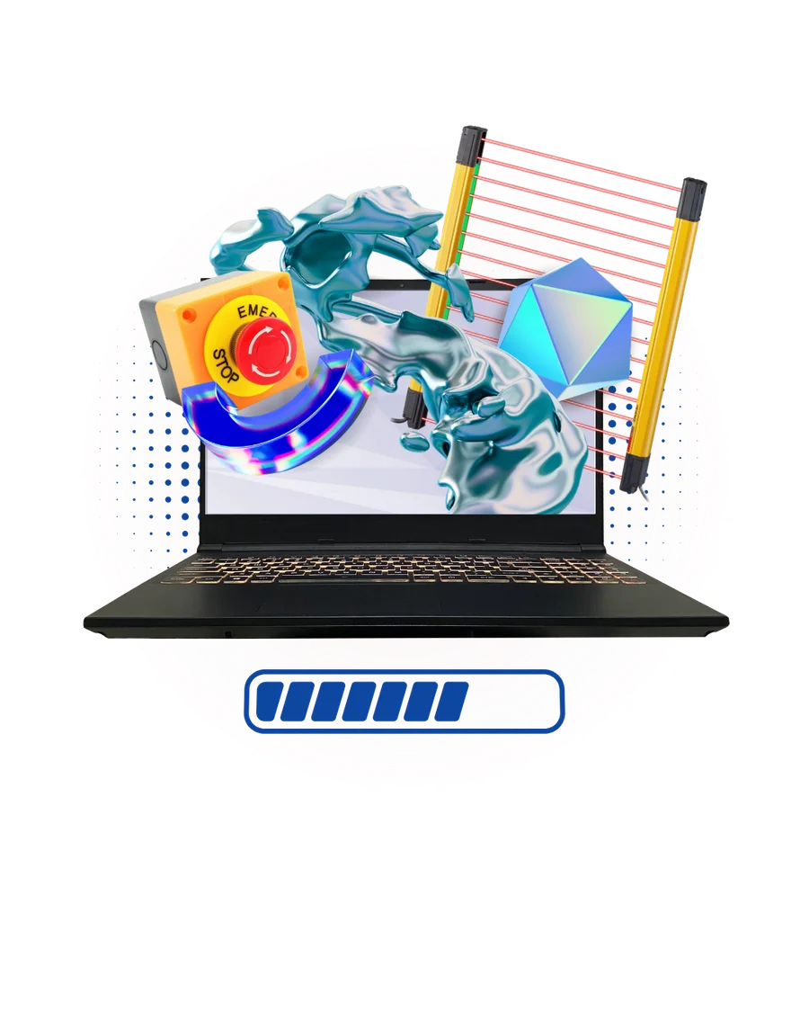 Laptop con paro de emergencia y cortina de luz: software y seguridad de maquinaria
